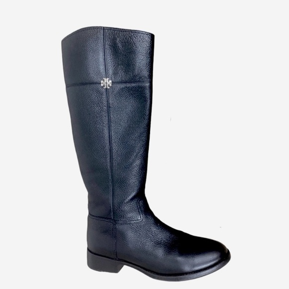 Tory Burch Jolie Black Pebbled Leather Riding Knee High Boots - Picture 1 of 12